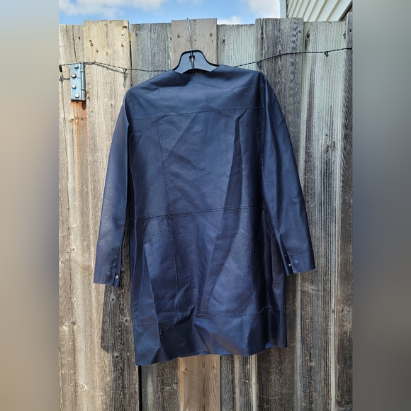 Women's Navy Leather Coat - Picture 2 of 3